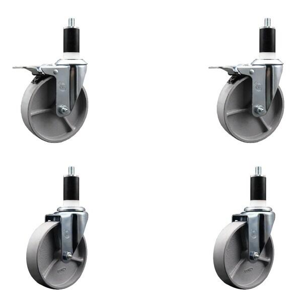 5'' Semi Steel Swivel 1-3/8'' Expanding Stem Caster Set 2 Total Lock Brakes, 4PK